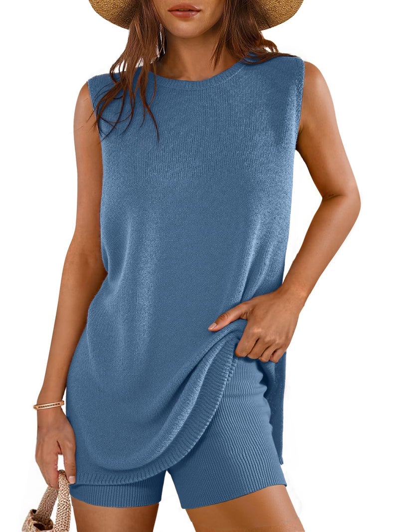 Glamaker Women's 2 Piece Short Sets Summer Lounge Sets Sweater Knit Beach Vacation Matching Sets Travel Outfits (Dark Blue M) - Image 1