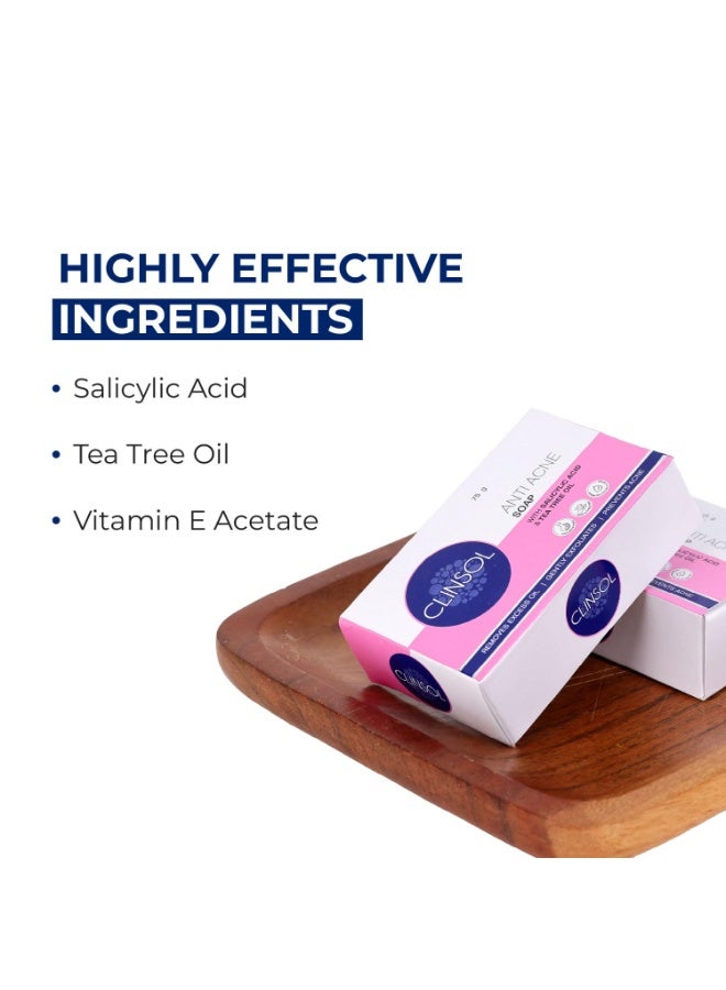 Leeford Clinsol Anti-Acne Soap 75g with Tea Tree Oil & Vitamin E | Acne Fighting Soap for Men & Women | Treats & Prevents Acne, Controls Oil & Sooths Skin – Pack of 4 - Image 2