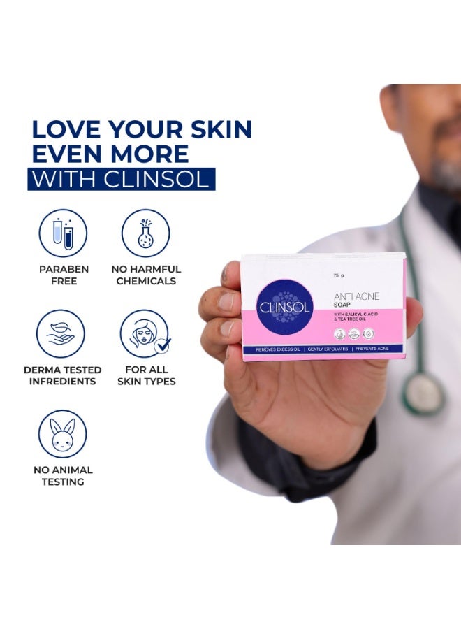 Leeford Clinsol Anti-Acne Soap 75g with Tea Tree Oil & Vitamin E | Acne Fighting Soap for Men & Women | Treats & Prevents Acne, Controls Oil & Sooths Skin – Pack of 4 - Image 4