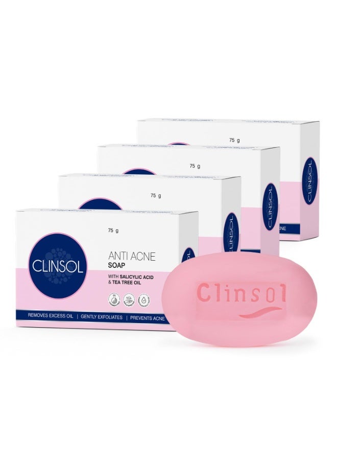 Leeford Clinsol Anti-Acne Soap 75g with Tea Tree Oil & Vitamin E | Acne Fighting Soap for Men & Women | Treats & Prevents Acne, Controls Oil & Sooths Skin – Pack of 4 - Image 1