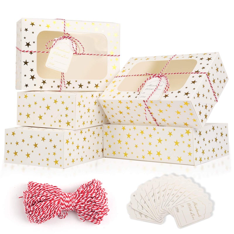 CHOUNYEE 24 PCS Christmas Cookie Boxes for Gift Giving, 9x6x3 Golden Star Christmas Treat Boxes with Window, Auto-Up Holiday Cookie Boxes,Baking Goods Packaging Box for Desserts, Mini Cake, Donuts - Image 1