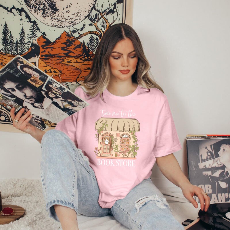 MEESHEEP Book Tshirt for Women: Take Me to The Book Store Graphic Shirt Reading Lover Short Sleeve Casual Loose Tee Tops Pink - Image 3