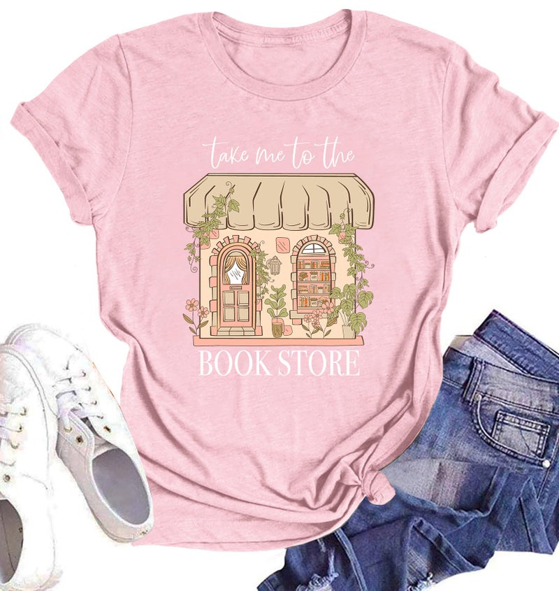 MEESHEEP Book Tshirt for Women: Take Me to The Book Store Graphic Shirt Reading Lover Short Sleeve Casual Loose Tee Tops Pink - Image 1
