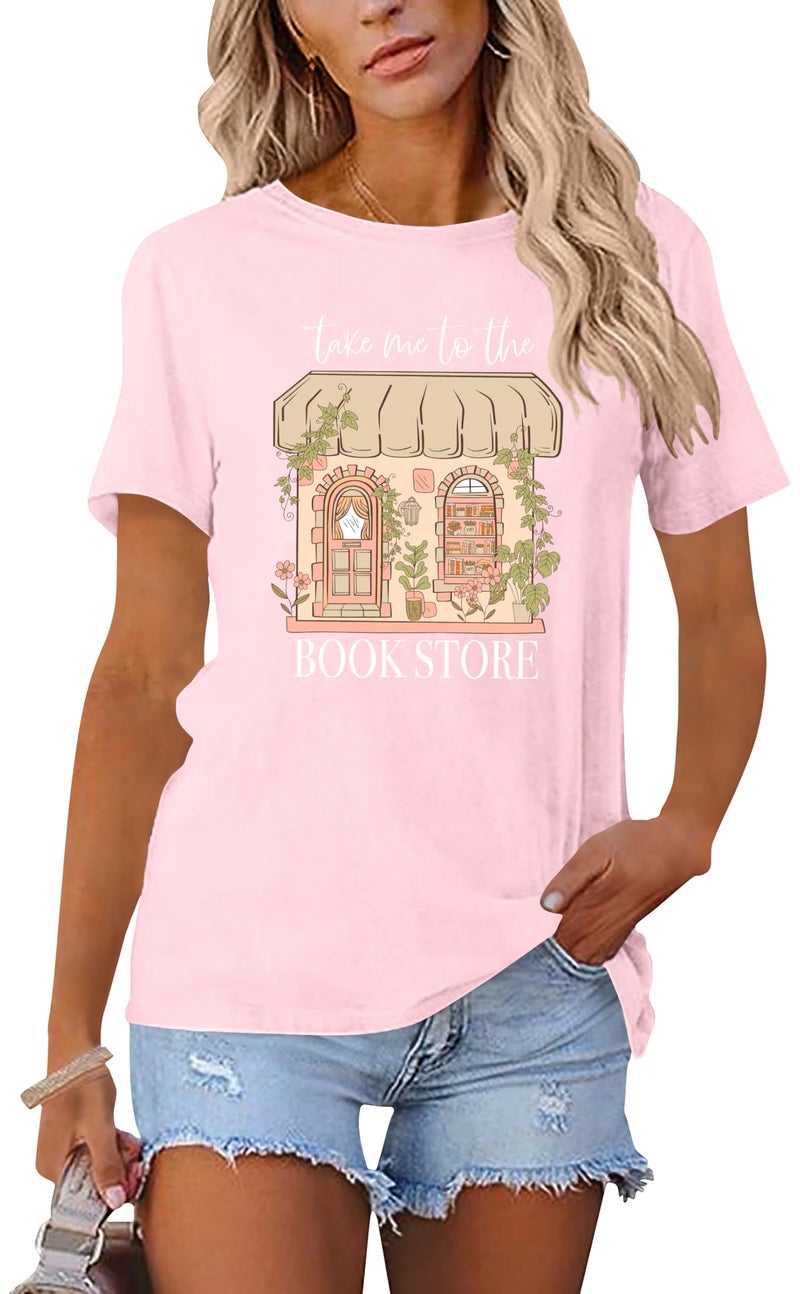 MEESHEEP Book Tshirt for Women: Take Me to The Book Store Graphic Shirt Reading Lover Short Sleeve Casual Loose Tee Tops Pink - Image 2