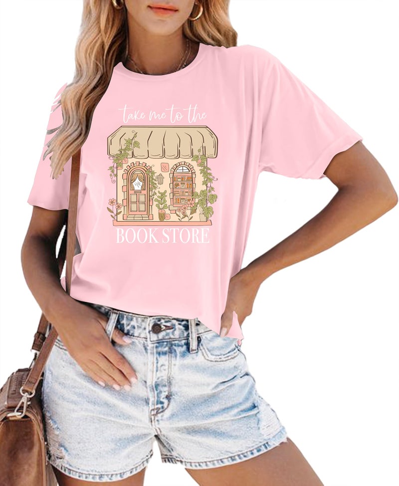 MEESHEEP Book Tshirt for Women: Take Me to The Book Store Graphic Shirt Reading Lover Short Sleeve Casual Loose Tee Tops Pink - Image 4