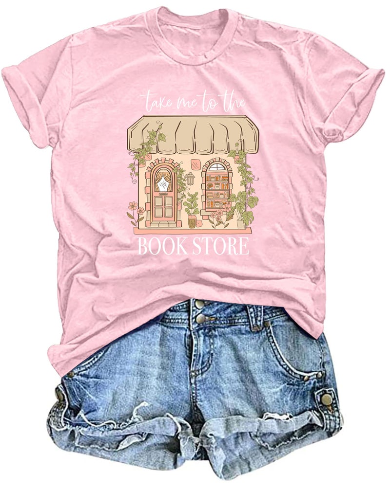 MEESHEEP Book Tshirt for Women: Take Me to The Book Store Graphic Shirt Reading Lover Short Sleeve Casual Loose Tee Tops Pink - Image 5
