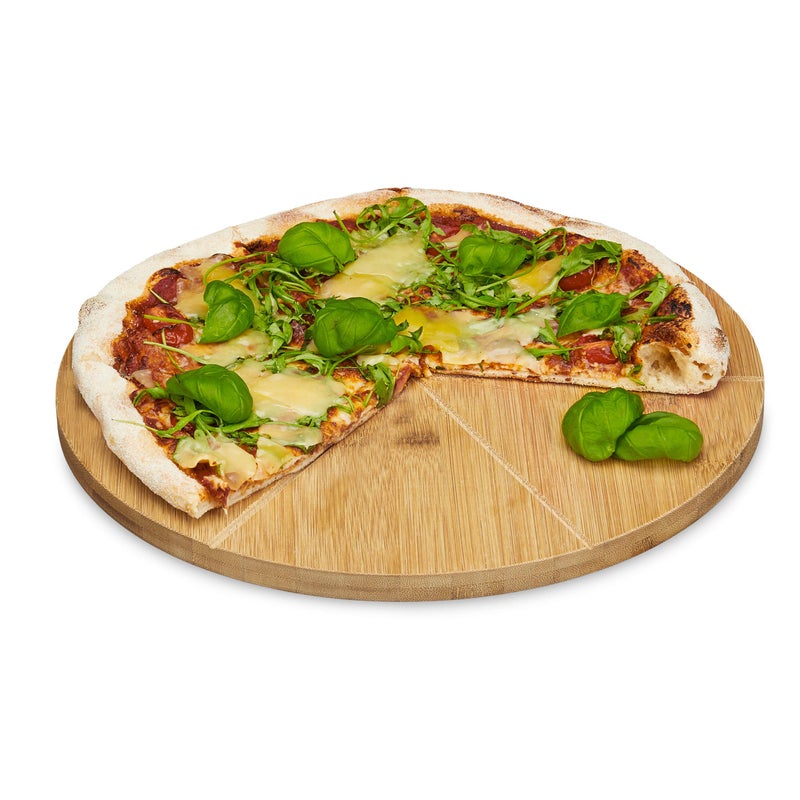 Relaxdays Bamboo Pizza Plate with 33 cm Diameter Wooden Cutting Board Firm Pizza Board with 6 Parts for EvenSized Pieces Wooden Pizza Platter Natural Brown