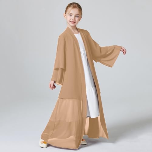 ODIZLI Abayas For Girls Muslim With Hijab Open Abaya Dress Dubai Turkey Kaftan Cardigan Abayas Dresses For Girl Robe Kimono Islam Clothing Prayer Clothing Eid Ramadan Dresses Khaki Hijab 1112 Years - Image 3