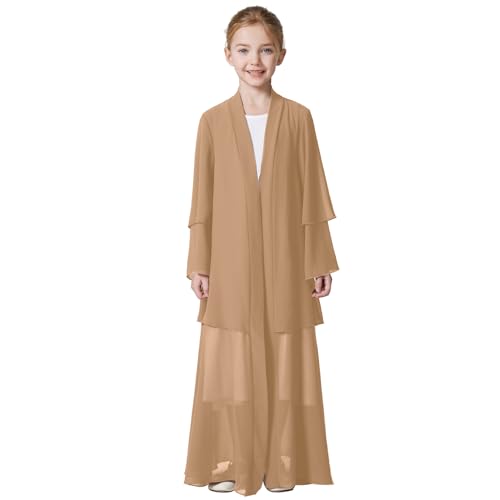 ODIZLI Abayas For Girls Muslim With Hijab Open Abaya Dress Dubai Turkey Kaftan Cardigan Abayas Dresses For Girl Robe Kimono Islam Clothing Prayer Clothing Eid Ramadan Dresses Khaki Hijab 1112 Years - Image 1