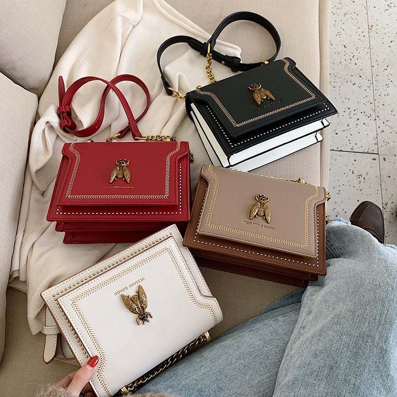 Ins Retro Textured Small Bag For Women 2023 New All-Match Chain Bag Embroidery Thread Rivet Small Square Bag Messenger Bag Bag Bag - Image 4