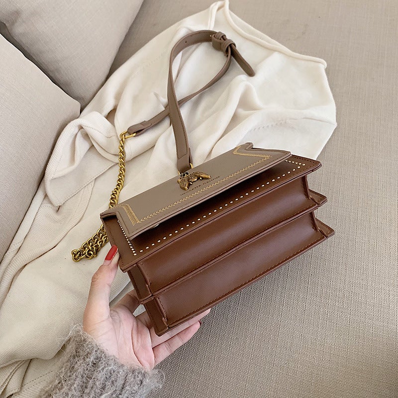 Ins Retro Textured Small Bag For Women 2023 New All-Match Chain Bag Embroidery Thread Rivet Small Square Bag Messenger Bag Bag Bag - Image 5