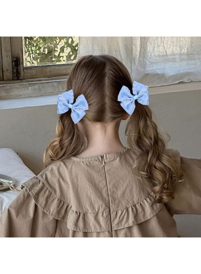 ميروكش 2 قطعة من مشابك الشعر ذات الحواف المكشكشة المصنوعة من الساتان الأزرق العتيق مقاس 3 بوصات من مشابك الشعر الحريرية على شكل تمساح ومشابك الشعر وحامل ذيل الحصان والإكسسوارات للفتيات الصغيرات والأطفال والمراهقين والأطفال - Image 3