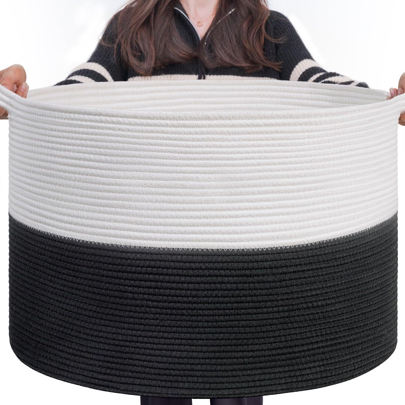 INDRESSME Large Cotton Rope Baskets for Storage 217 x 138 Blanket Storage for Living Room Toy Baskets Kids Baby Laundry Basket for Dirty Clothes Pillows 90L White Black
