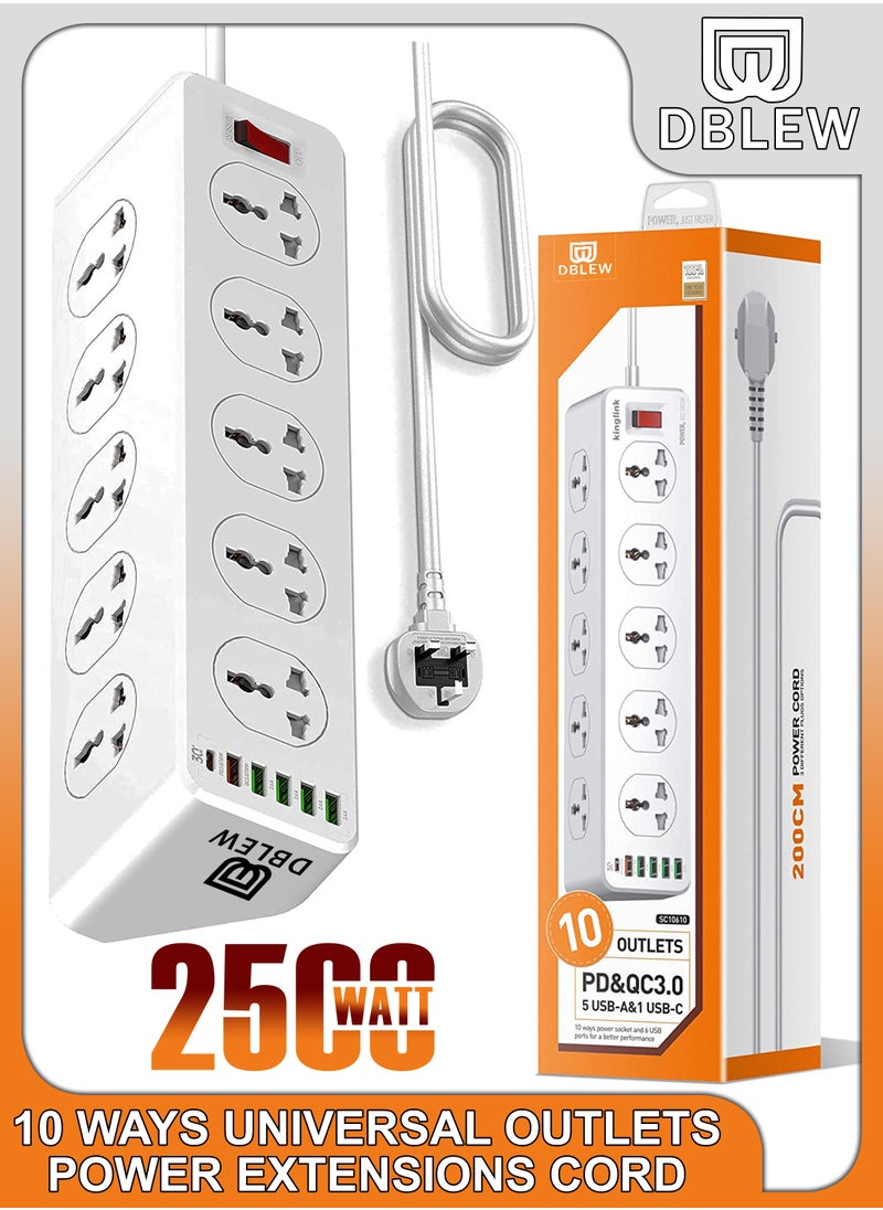 DBLEW - 2500W 10 Ways Outlet Universal Extension Lead With 30W QC 3.0 PD USB-C Charging Port And 5 USB-A Slots Power Strip Plug Extension Electrical Socket 2 Meter Extension Cord For Home Office Surge Protect - Image 1