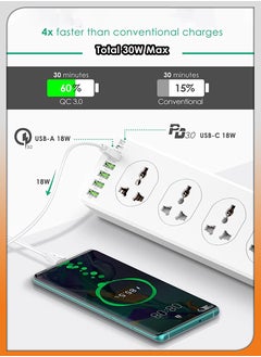 دي بلو وصلة تمديد عالمية بقوة 2500 وات 10 طرق مع منفذ شحن 30 وات QC 3.0 PD USB-C و 5 فتحات USB-A لقطاع الطاقة تمديد مقبس كهربائي بطول 2 متر لسلك المنزل والمكتب  - Image 3