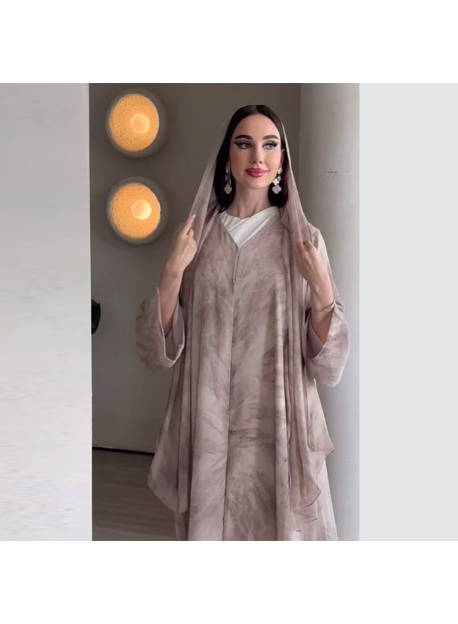 طقم عباية وقفطان نسائي قطعتان مطبوع بالرخام بلون الوردي الباهت ياقة V أكمام كيمونو واسعة مع حجاب مطابق LR1030 - Image 1