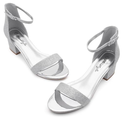 Herstyle Women’s Low Heels – Open Toe Chunky Block Heeled Sandals with Ankle Strap | Comfortable Dressy Short Heels for Prom, Wedding, Party & Office, SilverShimmer, Size 9.0, Sunday - Image 2