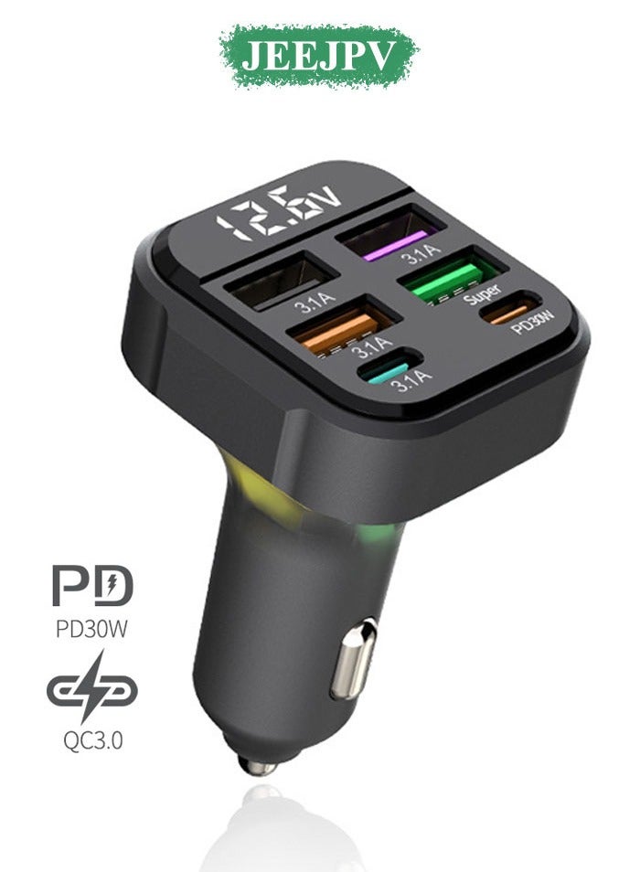 JEEJPV PD 30W Car Charger Adapter, 6 USB Multi Port, Fast Charger, Include QC 3.0 and 5 Other Ports, Car Interior Accessories, Fit for iPhone 13/12/11/pro，Samsung Galaxy/Note S10/S9/S8 - Black