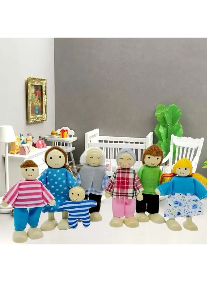 7 Member Wooden Dollhouse Family Figurine Set With Articulated Joints Exquisite Detailed Craftwork Mixed Colors Perfect For Pose Adjustment And Scene Decoration Ideal For Dollhouse Accessories And Furniture - Image 1