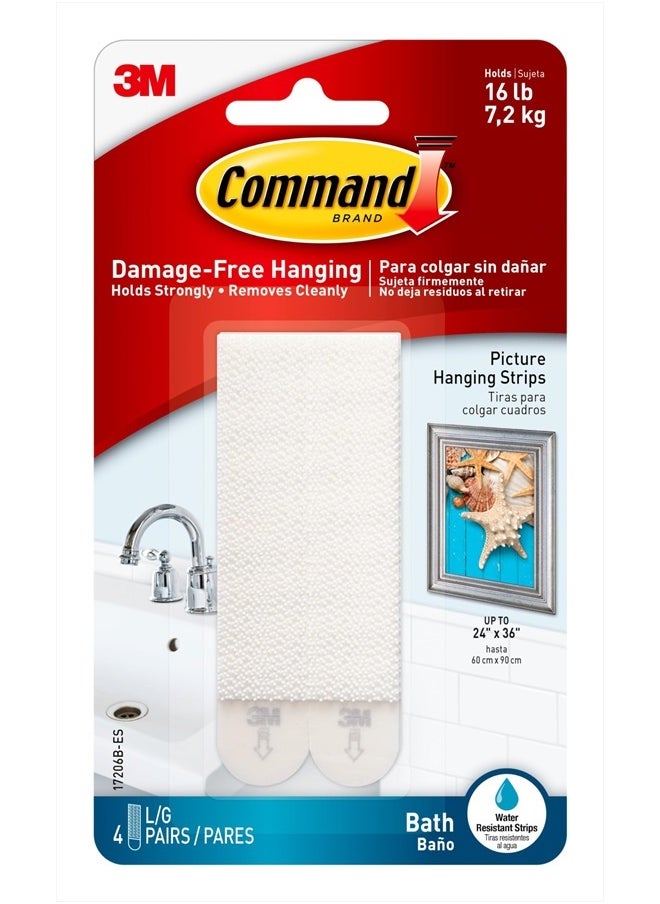 Command Large Bath Picture Hanging Strips, Holds up to 16 lb, Damage Free Hanging Picture Hangers, No Tools Wall Hanging Strips for Bathroom, 4 Pairs (8 Command Strips)  - Image 1