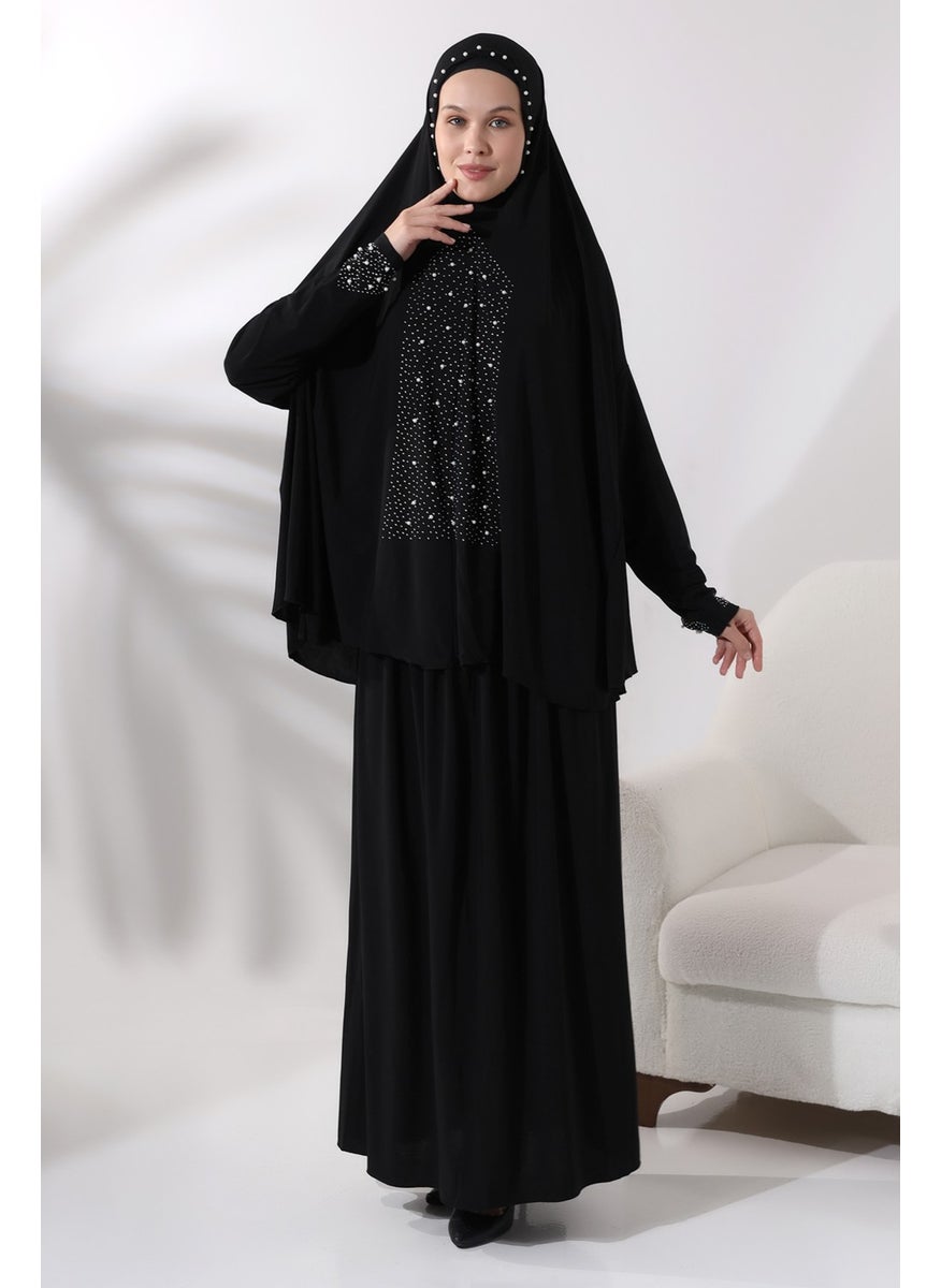 İhvan Ihvan Two Piece Prayer Dress with Pearls and Stones, Top and Bottom Practical Dress 8017 Black  - Image 2