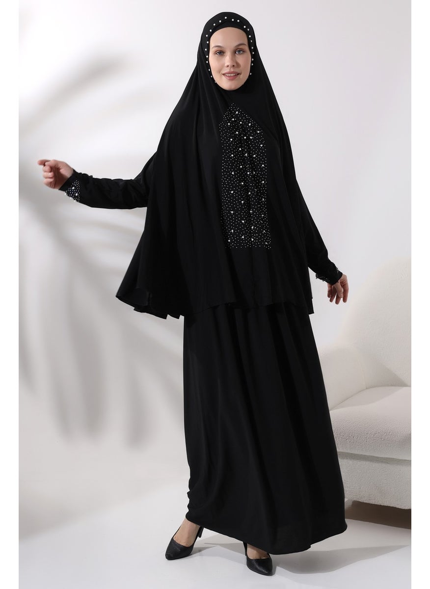 İhvan Ihvan Two Piece Prayer Dress with Pearls and Stones, Top and Bottom Practical Dress 8017 Black  - Image 3
