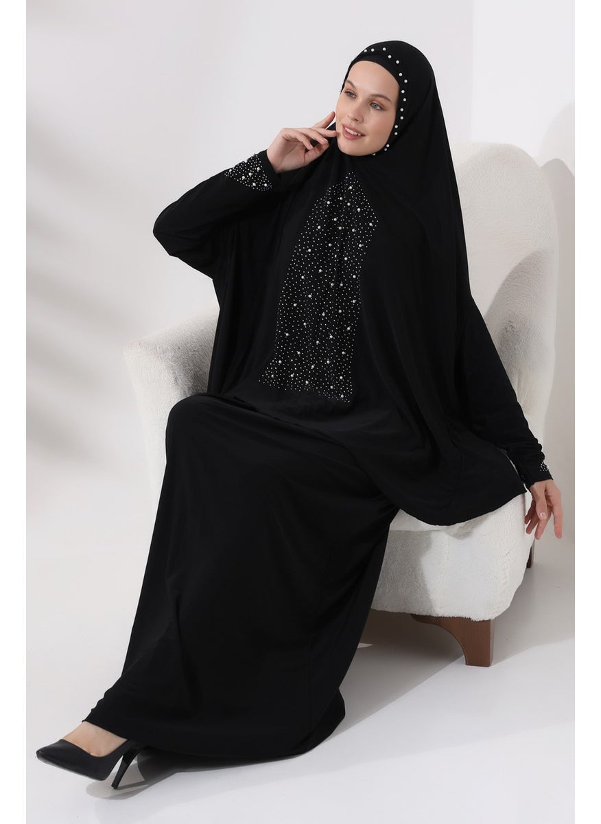 İhvan Ihvan Two Piece Prayer Dress with Pearls and Stones, Top and Bottom Practical Dress 8017 Black  - Image 5