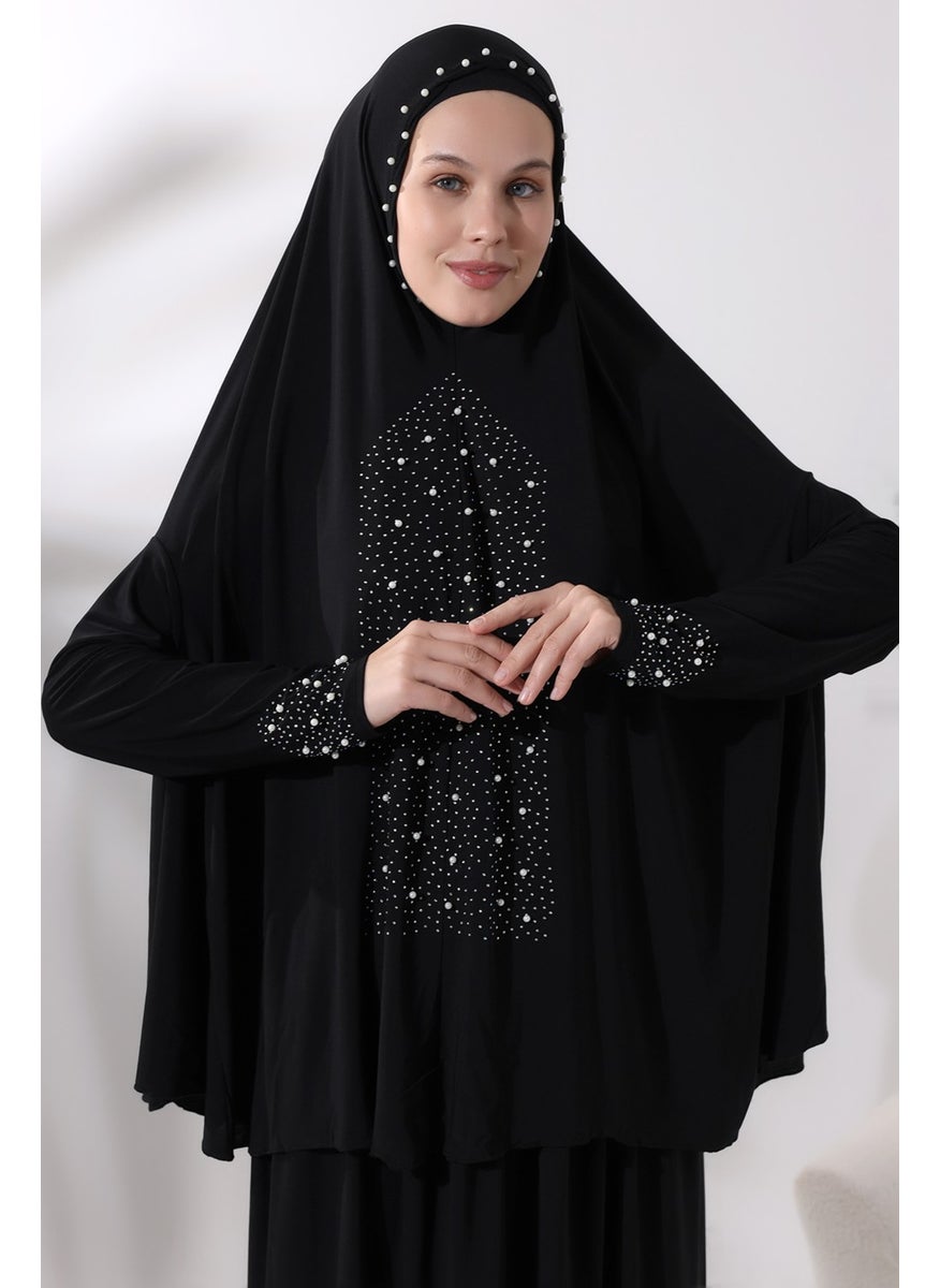 İhvan Ihvan Two Piece Prayer Dress with Pearls and Stones, Top and Bottom Practical Dress 8017 Black  - Image 4