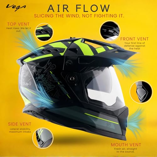 Vega VF 11 Dirt-X Trial Full Face Riding Helmet with Shock Absorbing Shell, Aerodynamic Design, Ventilated Interior, Off -Road Ready, Racing Fit – Black Neon Yellow - Image 3
