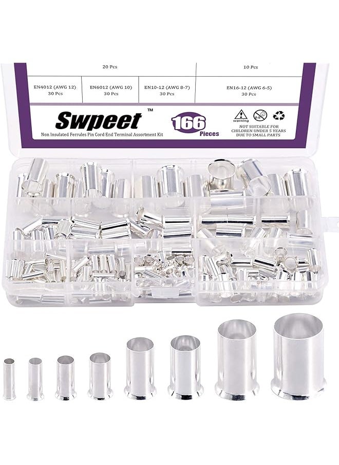 Swpeet Swpeet 166Pcs 8 Sizes Wire Copper Crimp Fitting Ferrules Assortment Kit, 12 10 8 6 4 2 1/0 2/0 Wire Ferrule Tinned Copper Crimp Connector Electrical Cable Pin Cord End Terminal for Electric Connectors 