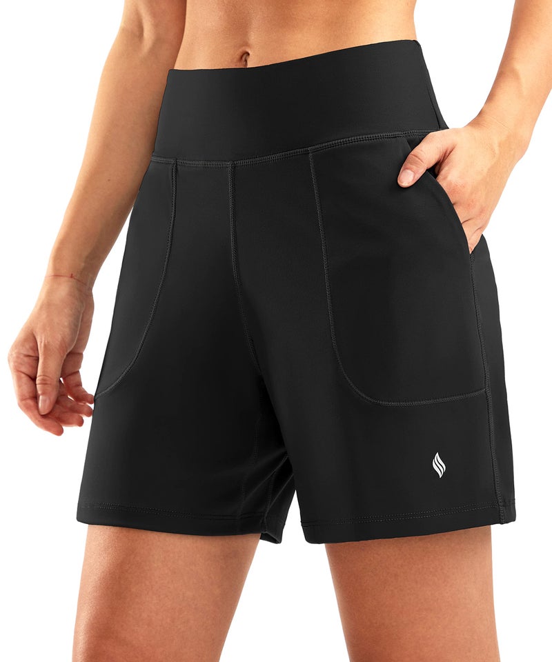SANTINY Women's 6'' Athletic Long Shorts with 4 Pockets High Waisted Bermuda Shorts for Women Walking Running Casual (Black_XL) - Image 1