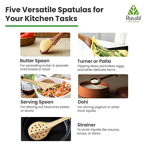 Rusabl Pure Sheesham and Mango Wooden Spatulas, (Pack of 5) Palta Turner, Strainers, Dohi, Serving and Butter Spoon for Chapati, Rice, Natural Wood, Non Stick, No Harmful Polish, Heat Resistant - Image 5