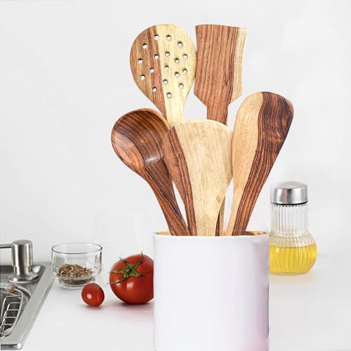 Rusabl Pure Sheesham and Mango Wooden Spatulas, (Pack of 5) Palta Turner, Strainers, Dohi, Serving and Butter Spoon for Chapati, Rice, Natural Wood, Non Stick, No Harmful Polish, Heat Resistant - Image 1