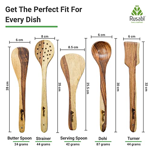 Rusabl Pure Sheesham and Mango Wooden Spatulas, (Pack of 5) Palta Turner, Strainers, Dohi, Serving and Butter Spoon for Chapati, Rice, Natural Wood, Non Stick, No Harmful Polish, Heat Resistant - Image 3