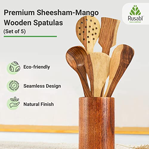 Rusabl Pure Sheesham and Mango Wooden Spatulas, (Pack of 5) Palta Turner, Strainers, Dohi, Serving and Butter Spoon for Chapati, Rice, Natural Wood, Non Stick, No Harmful Polish, Heat Resistant - Image 2
