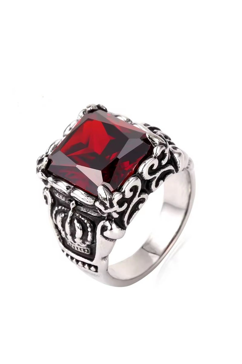 ROMAD Stainless steel ring with a vintage red crystal stone, featuring a bold and stylish design for youth. - Image 1