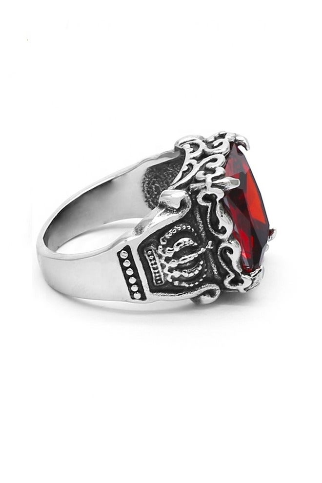 ROMAD Stainless steel ring with a vintage red crystal stone, featuring a bold and stylish design for youth. - Image 2