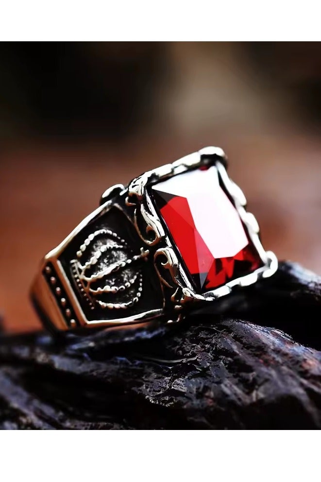 ROMAD Stainless steel ring with a vintage red crystal stone, featuring a bold and stylish design for youth. - Image 3