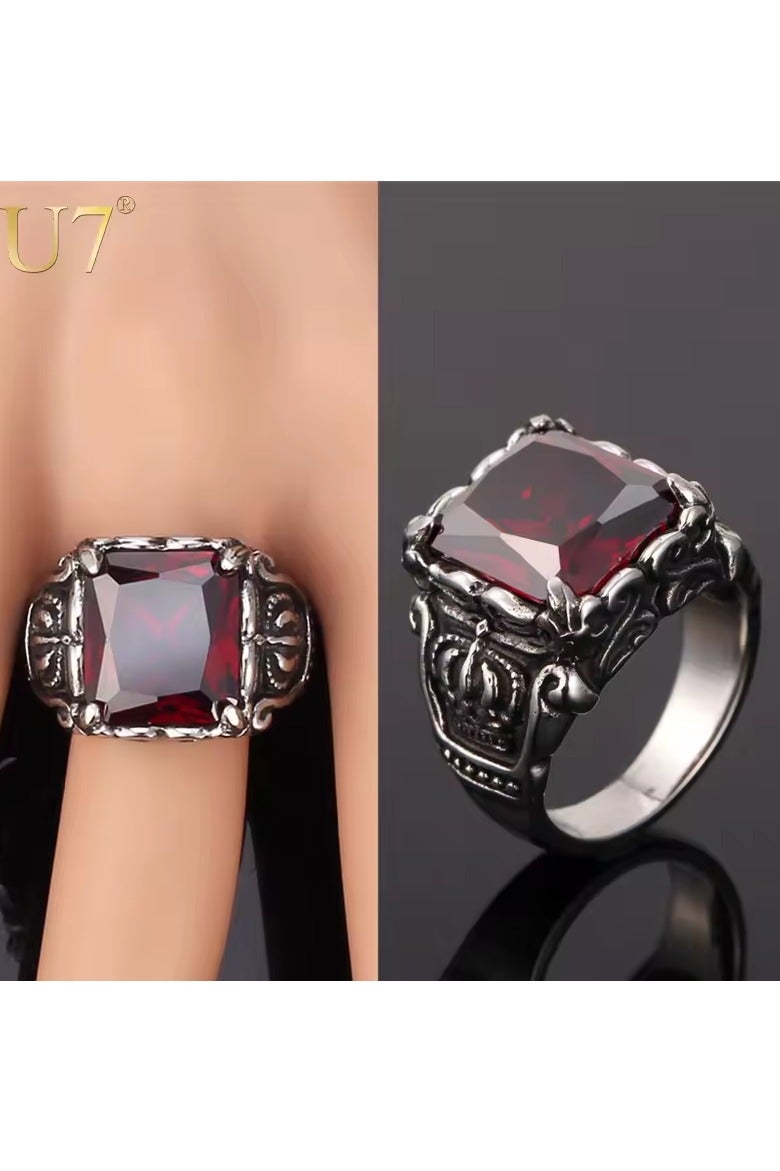 ROMAD Stainless steel ring with a vintage red crystal stone, featuring a bold and stylish design for youth. - Image 4