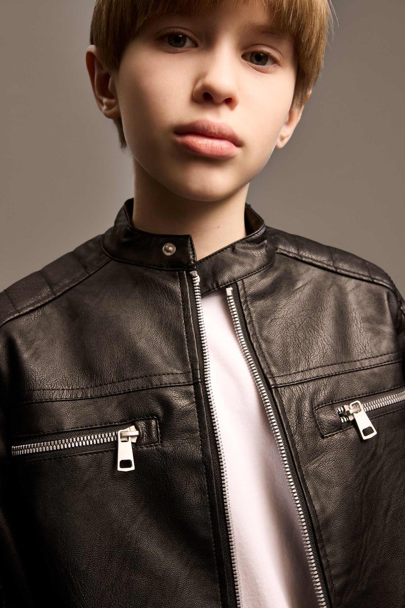 DeFacto Boy Stand Collar Faux Leather Waterproof Jacket  - Image 4