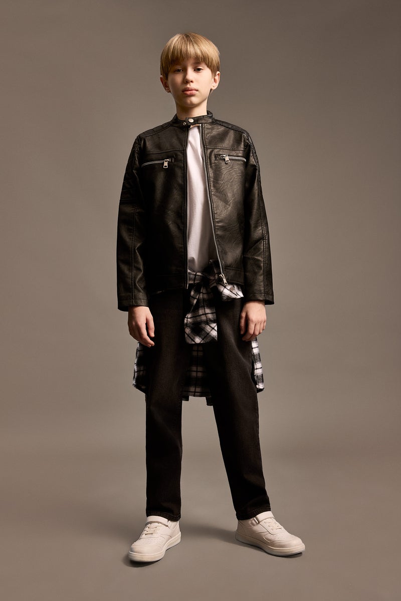 DeFacto Black Boy Stand Collar Faux Leather Waterproof Jacket Casual - Image 2