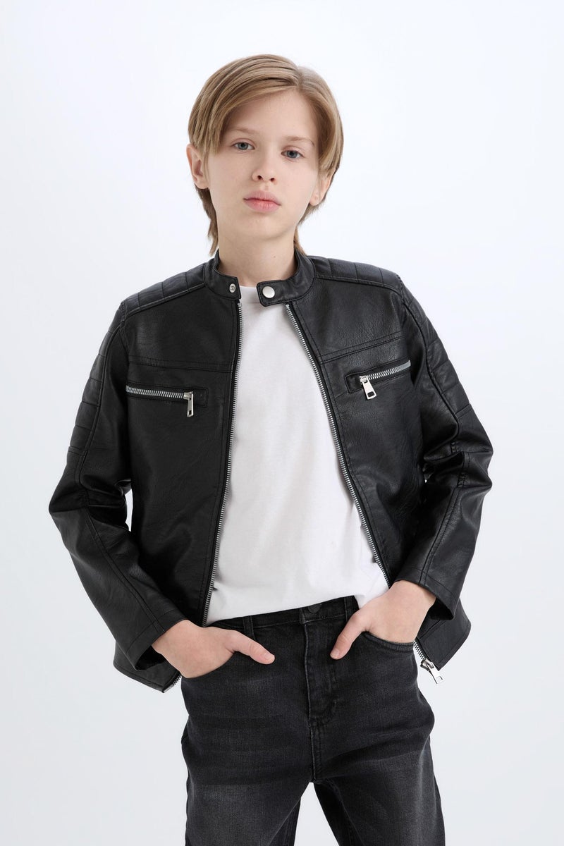 ديفاكتو جاكيت وتر بروف اولادي جلد صناعي بياقة عالية - Image 5