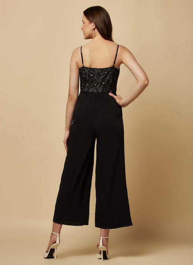 RAASSIO جمبسوت أسود برقبة كول مع إدخالات دانتيل للنساء - Image 5