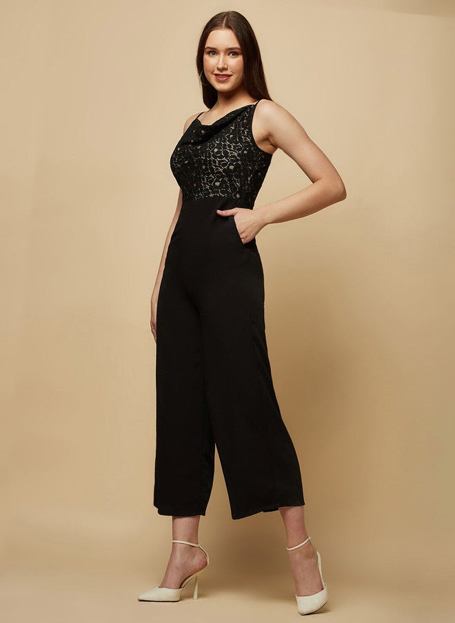 RAASSIO جمبسوت أسود برقبة كول مع إدخالات دانتيل للنساء - Image 4