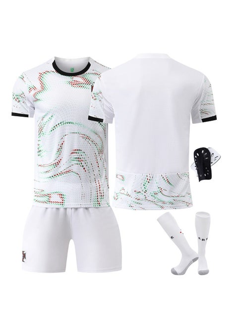 A new football jersey is made of fabric that is breathable, quick-drying, soft and has good elasticity, It consists of a 4-piece set of a top, trousers, socks and knee pads, and is specially designed for football and sports enthusiasts