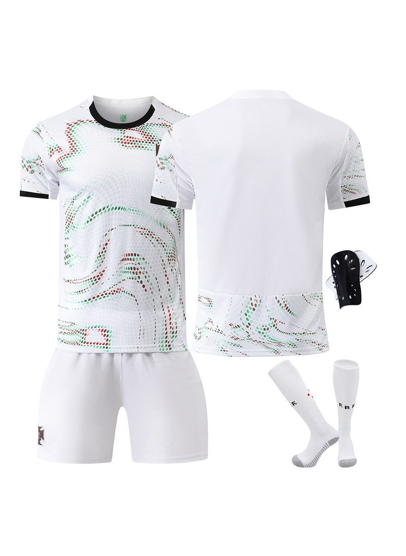A new football jersey is made of fabric that is breathable, quick-drying, soft and has good elasticity, It consists of a 4-piece set of a top, trousers, socks and knee pads, and is specially designed for football and sports enthusiasts