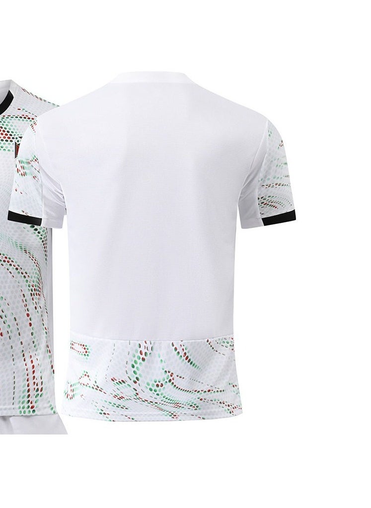 A new football jersey is made of fabric that is breathable, quick-drying, soft and has good elasticity, It consists of a 4-piece set of a top, trousers, socks and knee pads, and is specially designed for football and sports enthusiasts