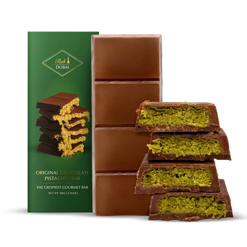 Rah Dubai Chocolate Bar Pistachio, 3.5oz - 100g, Gourmet Chocolate Bar | Dubai Chocolate Bar Pistachio | Loaded with Kunafa, Knafeh - The Crunchiest Kataifi Delight Perfect for Sharing - Image 1