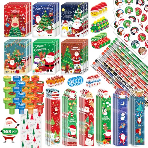 BEARUN 168 Pcs Christmas Party Favors Bulk for Kids24Pack Christmas Stationery Set for Stocking Stuffers ChristmasThemed Classroom Gift Exchange School Games Prizes Carnival Events - Image 1