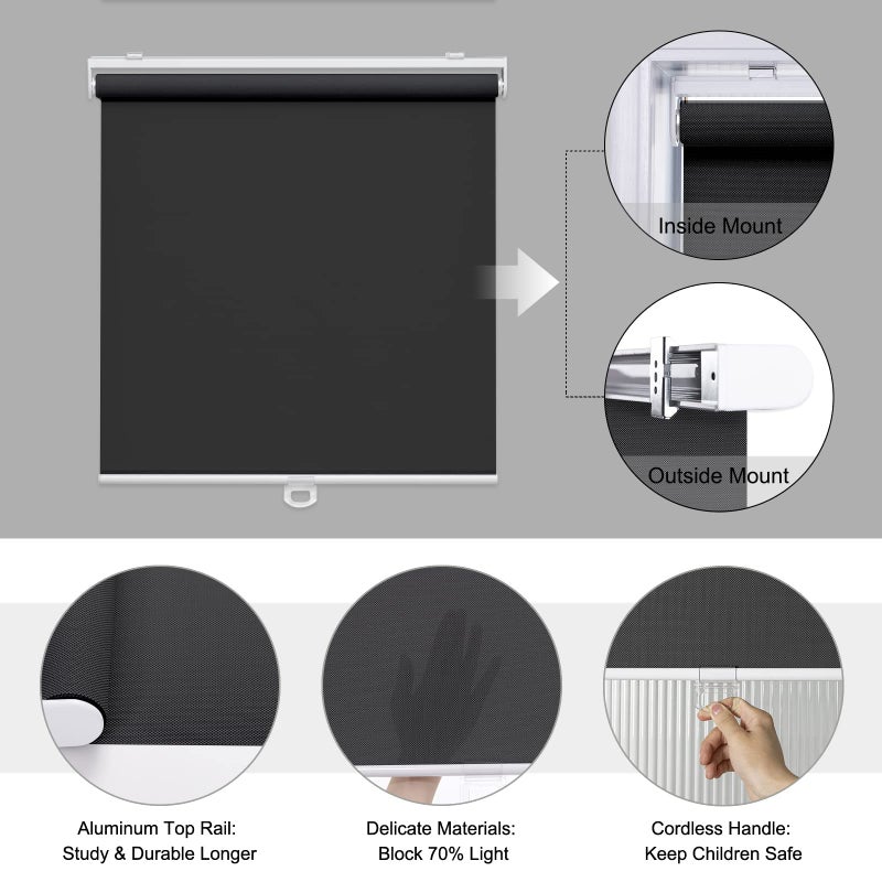 AOSKY Cordless Roller Shades for Windows Light Filtering Shades with 5% Openness Solar Screen Semi Sheer Roller Blinds UV Protection for Office and Home. Easy to Install 23" W x 72" H (Black) - Image 4